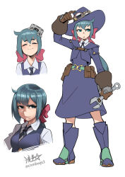  1girl adjusting_eyewear aqua_eyes aqua_hair belt_pouch blue_boots blue_dress boots breasts brown_gloves closed_eyes commentary constanze_amalie_von_braunschbank-albrechtsberger dress english_commentary frown gloves goggles goggles_on_headwear hat highres holding holding_wrench little_witch_academia long_hair luna_nova_school_uniform medium_breasts medium_dress ponytail pouch ryuusei_(mark_ii) school_uniform signature smile twitter_username witch_hat wrench 