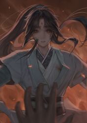  2boys absurdres backlighting black_eyes blood blood_on_clothes blurry blurry_foreground brown_hair chinese_clothes cowboy_shot curtained_hair deep5eafish embers facial_mark falling fire floating_hair forehead_mark hanfu highres long_hair long_sleeves looking_at_viewer luo_binghe male_focus multiple_boys out_of_frame parted_bangs parted_lips ponytail pov pov_hands raised_eyebrows renzha_fanpai_zijiu_xitong scene_reference shen_qingqiu sidelocks smoke solo_focus straight-on very_long_hair white_hanfu zuiyin 