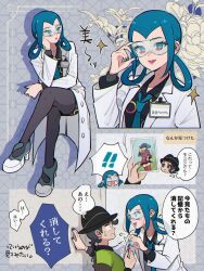  1boy 1girl black_dress black_hair black_hat black_pantyhose blue-tinted_eyewear blue_eyes blue_hair blue_necktie blush breasts closed_mouth coat crossed_legs dress glasses goggles green_jacket hair_rings hat high_heels highres jacket lab_coat lipstick long_hair long_sleeves mable_(pokemon) makeup mogutory necktie open_clothes open_mouth pantyhose paxton_(pokemon) photo_(object) pokemon pokemon_legends:_z-a pokemon_xy red_dress red_thighhighs safety_glasses shirt shoes smile team_flare team_flare_uniform thigh-highs tinted_eyewear translation_request white_coat 