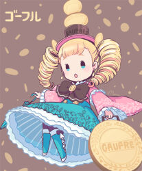  1girl :o aqua_boots aqua_skirt black_pantyhose blonde_hair blue_eyes blue_umbrella boots bow bowtie briefcase brown_background brown_bow brown_bowtie closed_umbrella commentary_request drill_hair gaufre_(kobe_fugetsudo) holding holding_umbrella japanese_clothes kimono knee_boots long_hair long_sleeves mizuki_maya object_and_personification original pantyhose personification pink_kimono skirt solo twin_drills umbrella 