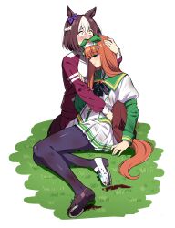  2girls absurdres animal_ears aqua_eyes asymmetrical_footwear black_bow black_bowtie black_hair black_pantyhose black_shoes blunt_bangs bow bowtie braid commentary crying crying_with_eyes_open ear_bow ear_covers fine_art_parody green_sailor_collar hair_between_eyes half_up_braid highres horse_ears horse_girl horse_tail horseshoe hug ivan_the_terrible_and_his_son_ivan jacket long_hair mismatched_footwear multiple_girls on_grass orange_hair orange_tail pantyhose parody red_jacket reia_76 revision sailor_collar shirt shoes short_hair silence_suzuka_(umamusume) skirt special_week_(umamusume) sweat tail tearing_up tears tracen_training_uniform track_jacket umamusume white_hair white_shirt white_shoes white_skirt wide-eyed 