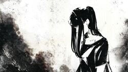  absurdres black_hair black_shirt from_side greyscale highres jill_stingray long_sidelocks looking_down monochrome rnna shirt sidelocks twintails upper_body va-11_hall-a 