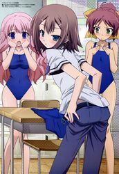  absurdres baka_to_test_to_shoukanjuu belt blue_eyes blush bow breast_envy brown_hair chair classroom desk green_eyes hair_bow highres himeji_mizuki kinoshita_hideyoshi long_hair megami multiple_girls noda_megumi_(artist) official_art one-piece_swimsuit open_mouth pink_hair school_swimsuit school_uniform serafuku shimada_minami short_hair swimsuit swimsuit trap undressing 