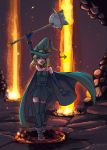  \m/ boots cape collar elbow_gloves gloves green_eyes hat kaida lava mace molten_rock original thigh-highs thighhighs weapon witch witch_hat 