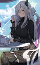  1girl black_capelet black_dress blue_sky bug butterfly butterfly_hair_ornament capelet closed_eyes closed_mouth clouds colored_eyelashes commentary_request cup dress echidna_(re:zero) floating_hair flower flower_pot green_butterfly hair_ornament hand_on_own_chin highres long_hair long_sleeves outdoors pink_flower re:zero_kara_hajimeru_isekai_seikatsu shokobr sky sleeping smile solo striped_clothes striped_dress teacup umbrella vertical-striped_clothes vertical-striped_dress watermark white_eyelashes white_hair wind 