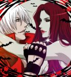  bare_shoulders bats blue_eyes couple dante devil_may_cry devil_may_cry_3 female fingerless_gloves gloves grey_skin long_hair male nevan peach-usa rabi red_eyes red_lips redhead short_hair succubus trenchcoat white_hair 