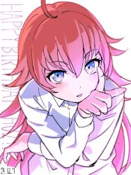  1girl absurdres bang_dream! blue_eyes blush character_name commentary_request dated happy_birthday highres long_hair looking_at_viewer nobusawa_osamu redhead shirt simple_background solo tamade_chiyu white_background 
