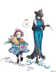  2girls absurdres animal_balloon bag balloon bangs_blown_up black_cape black_footwear black_gloves black_hair black_hat black_sleeves blue_bow blue_dress blue_eyes blue_pants bow bread brown_footwear brown_hair cape character_name child dated dress flutterpage food foot_up forehead gloves grocery_bag hair_bow hat high_collar highres holding holding_bag holding_jar holding_wand jar long_dress long_hair long_sleeves looking_at_viewer milk_carton mole mole_under_eye multiple_girls pants pants_under_dress partially_fingerless_gloves pink_bow pinwheel prosthesis prosthetic_leg reverse:1999 shaded_face shopping_bag short_hair side-by-side side_slit single_glove socks walking wand white_background white_socks willow_(reverse:1999) witch_hat zhibai_z 