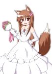  animal_ears bouquet bride brown_hair dress ezaki_itsuki fang flower highres holo long_hair red_eyes spice_and_wolf tail wedding_dress wolf_ears 
