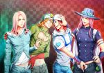  4boys belt blonde_hair changye curly_hair diego_brando funny_valentine gyro_zeppeli hat hoodie johnny_joestar jojo_no_kimyou_na_bouken long_hair midriff multiple_boys pink_hair redhead steel_ball_run torn_clothes torn_shirt 