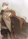  blush brown_hair cloak closed_eyes cold craft_lawrence gloves grin holo long_hair smile snow spice_and_wolf standing 