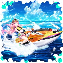  1girl alternate_costume blue_sky clouds emoji game_cg goggles goggles_on_head green_footwear hata_no_kokoro highres jet_ski life_vest long_hair ocean official_art open_mouth outdoors pink_eyes pink_hair pink_shorts rotte_(1109) shoes shorts sky solo third-party_source touhou touhou_lostword transparent_background water watercraft 
