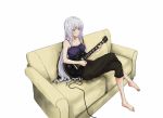  bad_id barefoot couch feet gibson guitar highres instrument les_paul long_hair onoguru red_eyes rozen_maiden silver_hair sitting suigintou tank_top 