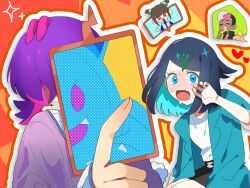  1boy 3girls ann_(pokemon) black_hair blue_eyes blush closed_mouth cowlick dark-skinned_male dark_skin dot_(pokemon) eyelashes fang hair_ornament hair_over_eyes hair_ribbon hairclip hat highres holding jacket liko_(pokemon) lili_xx00 long_sleeves mascot_costume multicolored_hair multiple_girls nidothing open_clothes open_jacket open_mouth pink_hair pokemon pokemon_(anime) pokemon_horizons purple_hair ribbon rotom rotom_phone roy_(pokemon) shirt short_hair short_sleeves shorts smile tongue two_side_up white_shirt 