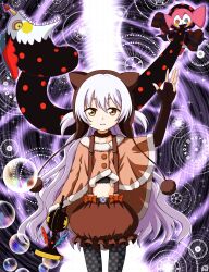  1girl abstract_background absurdres beanie bubble bubble_skirt cape capelet charlotte_(madoka_magica) commentary_request cowboy_shot earflap_beanie fingerless_gloves frown gloves hat highres holding holding_instrument holding_trumpet instrument long_hair looking_at_viewer magical_girl mahou_shoujo_madoka_magica momoe_nagisa momoe_nagisa_(magical_girl) orange_capelet pantyhose polka_dot polka_dot_legwear polka_dot_pantyhose shinkai_no_shachi skirt solo soul_gem trumpet twintails two_side_up very_long_hair white_hair witch_(madoka_magica) yellow_eyes 