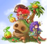  basket chibi dress elf fang flower fuju happy hat march_(trusty_bell) monster multiple_girls pointy_ears purple_hair red_hair redhead salsa salsa_(trusty_bell) siblings sisters tree trees trusty_bell 