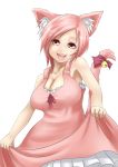  bad_id bell breasts cleavage dress happy highres homura large_breasts pink_eyes pink_hair short_hair tail tail_bell 