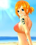 back bad_id bb beach bikini blue_eyes breasts highres large_breasts looking_back miura nami ocean one_piece orange_bikini orange_hair pigtail ponytail sea smile swimsuit tattoo 