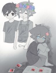 2boys aged_down basil_(faraway)_(omori) basil_(omori) blue_eyes bright_pupils closed_eyes closed_mouth collared_shirt flower hair_flower hair_ornament head_wreath holding holding_flower male_focus multiple_boys omori open_mouth overall_shorts overalls partially_colored photo_(object) scrapbook shirt short_hair short_sleeves smile sunny_(omori) sweater_vest t-shirt tulip uuuuuuz_339 white_pupils 