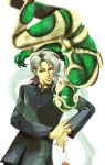  gakuran green_eyes hierophant_green jewelry jojo&#039;s_bizarre_adventure jojo_no_kimyou_na_bouken kakyoin_noriaki kakyouin_noriaki male puppet school_uniform shawl silver_hair stand stand_(jojo) 