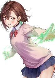  1girl absurdres ayase_momo black_choker blue_skirt blush bow bowtie brown_eyes brown_hair choker collared_shirt commentary_request cowboy_shot dandadan earrings foot_up glowing_hands grin hair_behind_ear hair_between_eyes highres jewelry long_sleeves looking_at_viewer loose_bowtie loose_socks miniskirt open_hands outstretched_arms parted_lips pink_sweater pleated_skirt psychic red_bow red_bowtie school_uniform shirt short_hair skirt smile socks solo sweater thick_eyebrows white_background white_shirt white_socks winterkokofur 