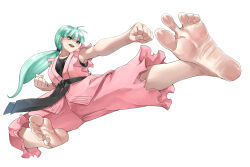  1girl barefoot capcom clenched_hands darkstalkers dougi eiji_(eiji) feet flying_kick green_hair hibiki_dan hibiki_dan_(cosplay) kicking martial_arts_belt morrigan_aensland parody pink_clothes ponytail reference smiling soles street_fighter street_fighter_zero_2 toes torn_clothes torn_pants 