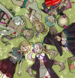  6+girls absurdres beret bindi black_hair blonde_hair bow_hairband bungo_yayoi coat crab_claw dsa791356 earrings fake_horns green_hair hair_bun hair_over_one_eye hairband hat heaven_burns_red highres horns indian jewelry long_hair lying maruyama_kanata multiple_girls ogasawara_hisame ooshima_yotsuha open_mouth pleated_skirt ponytail ribbon school_uniform shirt short_hair skirt tenne_miko thigh-highs triangle_earrings twintails vritika_balakrishnan white_coat white_hair witch_hat yellow_eyes 