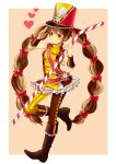  1girl boots braid brown_hair hat highres leggings long_hair red_eyes ribbon skirt sorax2112 straw twintails yukijirushi yukiko-tan 