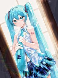  1girl :o absurdres adjusting_clothes aqua_eyes aqua_hair aqua_necktie artist_name breasts hair_between_eyes hatsune_miku highres long_hair looking_at_mirror mirror necktie number_tattoo shiny_clothes shirt skellychan skirt small_breasts solo tattoo twintails vocaloid 