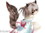  bare_shoulders brown_hair japanese_clothes kimono liki looking_back petals red_eyes silver_hair sitting tail 