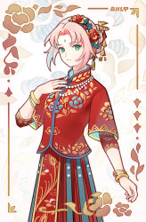 1girl aoqun aqua_eyes banbi beaded_hair_ornament bird_hair_ornament bohe_liang_you bracelet chinese_clothes cowboy_shot flower gold_bracelet hair_flower hair_ornament hair_stick hanfu haruno_sakura jewelry layered_sleeves mamianqun mandarin_collar naruto naruto_(series) necklace pankou pearl_hair_ornament pearl_necklace pink_hair red_hanfu solo tassel tassel_hair_ornament 
