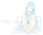  alternate_hairstyle bed blue_hair closed_eyes flower hair_down hatsune_miku headphones highres hospital_bed long_hair shiningray_(vocaloid) sick smile solo tansuke vocaloid 
