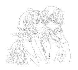  2girls :o blush cropped_torso from_side gloves greyscale half-closed_eyes hands_on_another's_shoulders hands_up head_on_another's_shoulder headscarf highres hug hug_from_behind lineart long_hair medium_hair monochrome multiple_girls necktie profile reverse:1999 rokilly shirt undone_necktie untying upper_body vila_(reverse:1999) wavy_hair white_background windsong_(reverse:1999) yuri 