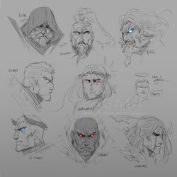  6+boys bald beard blonde_hair blood_angels blue_eyes braid braided_beard character_name closed_mouth commentary corvus_corax_(warhammer) dark-skinned_male dark_skin english_commentary expressions eye_trail facepaint facial_hair feathered_wings ferrus_manus from_side frown ghost glowing glowing_eyes green_eyes grey_background halo imperial_fists iron_hands_(warhammer) jaghatai_khan laurel_crown leman_russ lhgart light_smile light_trail lightning_bolt_symbol lion_el&#039;jonson long_hair long_mustache looking_at_viewer male_focus multiple_boys multiple_views mustache portrait primarch raven_guard roboute_guilliman rogal_dorn salamanders_(warhammer) sanguinius short_hair simple_background sketch space_wolves spot_color straight-on teeth topknot traditional_halo ultramarines vulkan warhammer_40k watermark white_eyes white_scars white_wings wings 