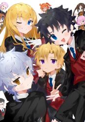  4girls 6+boys akuta_hinako beryl_gut black-framed_eyewear black_hair black_jacket black_pants blonde_hair blue_eyes bow bowtie brown_eyes brown_hair closed_eyes closed_mouth cosplay crypters_(fate/grand_order) daybit_sem_void eyepatch fate/grand_order fate_(series) fujimaru_ritsuka_(female) fujimaru_ritsuka_(female)_(mage&#039;s_association_uniform) fujimaru_ritsuka_(female)_(mage&#039;s_association_uniform)_(cosplay) fujimaru_ritsuka_(male) fujimaru_ritsuka_(male)_(mage&#039;s_association_uniform) fujimaru_ritsuka_(male)_(mage&#039;s_association_uniform)_(cosplay) glasses glint gloves grey_hair grin hair_between_eyes hair_ornament hair_over_one_eye hair_scrunchie hair_slicked_back hand_on_own_chest hand_up hands_up head_rest highres jacket kadoc_zemlupus kirschtaria_wodime light_blush long_hair long_sleeves looking_at_viewer mash_kyrielight multiple_boys multiple_girls one_eye_closed one_side_up open_mouth ophelia_phamrsolone orange_eyes orange_hair orange_scrunchie orange_shirt pants parted_bangs pink_hair red_bow red_bowtie red_sweater_vest scandinavia_peperoncino scrunchie shirt short_hair simple_background smile sparkling_eyes sweatdrop sweater_vest takumi_(hkhkgohan) twintails v violet_eyes waving white_background white_gloves white_shirt yellow_eyes yu_mei-ren_(fate) 