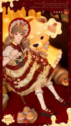  1girl absurdres ahoge apple apple_hair_ornament apple_peel black_bow blurry blurry_background bonnet bow brown_hair cake cake_slice chair cherry colored_speech_bubble commentary copyright_logo copyright_name cream curly_hair dress english_commentary english_text floral_print food food-themed_hair_ornament frilled_dress frilled_wrist_cuffs frills from_above fruit fruit_tart hair_ornament hand_up highres infinity_nikki large_teddy_bear logo long_hair looking_at_object low_twintails multicolored_dress nikki_(nikki) nikki_(series) official_alternate_costume official_alternate_hair_color official_alternate_hairstyle official_art on_chair pink_lips promotional_art puffy_short_sleeves puffy_sleeves red_bonnet red_dress red_shoes shoes short_sleeves sitting socks solo speech_bubble sprinkles star_(symbol) strawberry sweet_memories_(infinity_nikki) sweets tart_(food) thought_bubble twintails white_socks wrist_cuffs 