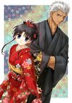  archer black_hair blue_eyes blush brown_eyes fate/stay_night fate_(series) flower height_difference japanese_clothes kimono tohsaka_rin toosaka_rin white_hair 