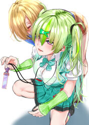  2girls blonde_hair breasts green_hair hair_between_eyes hair_ornament hair_over_one_eye heaven_burns_red highres kayamori_ruka large_breasts long_hair multicolored_hair multiple_girls noir_(nowaru) ooshima_isuzu red_eyes short_hair two_side_up yuri 