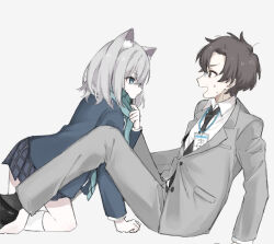  1boy 1girl animal_ear_fluff animal_ears between_legs black_footwear black_hair black_necktie black_socks blue_archive blue_eyes blue_jacket blue_necktie blue_skirt brown_eyes grey_jacket grey_pants grey_suit hair_between_eyes hand_on_floor holding holding_scarf holding_unworn_clothes id_card jacket kneehighs medium_hair necktie on_floor open_mouth oshio_(baniniwana) pants plaid_clothes plaid_skirt scarf sensei_(blue_archive) sensei_(blue_archive_the_animation) shiroko_(blue_archive) shirt short_hair sidelocks skirt socks suit sweatdrop untying white_hair white_shirt white_socks wolf_ears wolf_girl 