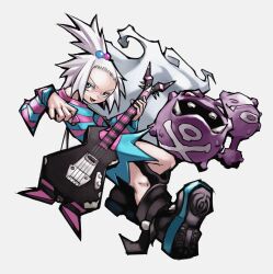  1girl :d aqua_dress bass_guitar black_footwear boots commentary dress english_commentary hair_bobbles hair_ornament highres holding holding_instrument holding_plectrum instrument knees long_sleeves looking_to_the_side lower_teeth_only malsocio open_mouth plectrum pokemon pokemon_(creature) pokemon_bw2 roxie_(pokemon) simple_background smile striped_clothes striped_dress teeth topknot weezing white_background white_hair 