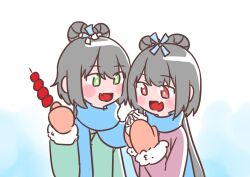  2girls artist_request baozi blue_scarf blush eating eyebrows_visible_through_hair eyes_visible_through_hair fang fur-trimmed_coat fur_trim gradient_background green_coat green_eyes grey_hair hair_rings holding holding_food looking_at_another luo_tianyi mittens multiple_girls open_mouth orange_mittens own_hands_together pink_coat red_eyes scarf shared_scarf simple_background skin_fang tanghulu twintails upper_body vocaloid vsinger_(vocaloid) yayin_gongyu 