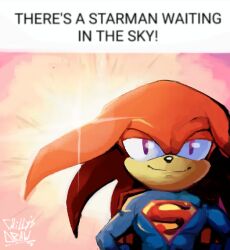  1boy caption cosplay dc_comics derivative_work draw_chill's furry furry_male knuckles_the_echidna looking_at_viewer male_focus meme signature smile solo sonic_(series) sunlight sunset superman superman_(cosplay) superman_(series) there's_a_starman_(meme) violet_eyes 