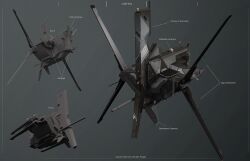  3d arrow_(symbol) caldari_state_(eve_online) commentary concept_art electronic_warfare_ship_(eve_online) english_text eve_online frigate_(eve_online) from_side glowing grey_background grey_theme highres kwibl machinery military_vehicle multiple_views no_humans radio_antenna realistic reference_sheet science_fiction spacecraft thrusters vehicle_focus 
