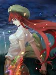  braid breasts burning_hand cloud clouds colorful ex-meiling fire hat hong_meiling lightning long_hair morimoto_kousuke morino_hon profile red_hair redhead ribbon serious solo storm touhou 
