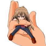  angry bad_id bite biting blush brown_eyes brown_hair finger_bite finger_biting hands long_hair minigirl naz school_uniform simple_background solo thigh-highs thighhighs toradora! 