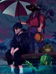  3boys artist_name backpack bag barefoot belt boots cigarette closed_mouth clouds cloudy_sky collared_shirt colored_skin commentary copyright_name denim doggomimi ear_piercing english_commentary eye_trail fins fish fishing_rod flounder frog gills glowing glowing_eyes green_skin hat head_fins highres hoe holding holding_umbrella hood hoodie jeans light_trail male_focus merman monster_boy multiple_boys pants pickaxe pier piercing player_character_(stardew_valley) purple_hair purple_hoodie rain red_shirt scythe sebastian_(stardew_valley) shaded_face shirt short_hair sitting sky sleeves_rolled_up smile smoke stardew_valley sword umbrella water weapon white_undershirt 