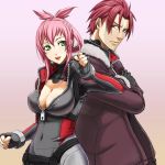  back-to-back back_to_back blassreiter blush breasts center_opening cleavage fingerless_gloves gloves green_eyes hermann_salza jacket large_breasts ookuma_(nitroplus) panda_(pixiv) pink_hair red_hair redhead smile sweatdrop unzipped zipper 