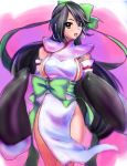  black_hair bow breasts detached_sleeves earrings happy highres jewelry large_breasts long_hair open_mouth sideboob smile solo standing tori_kaku touhai_tenshi very_long_hair 