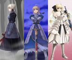  armor armored_dress black_saber blonde_hair braid caliburn dark_excalibur dress fate/stay_night fate/unlimited_codes fate_(series) green_eyes hair_ribbon hair_ribbons rain ribbon ribbons saber saber_alter saber_lily sheath sheathed short_hair sugar_(artist) sword unsheathing weapon 