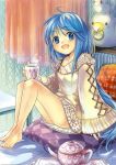  bed blue_eyes blue_hair feet kan_satomi long_hair original tea very_long_hair 